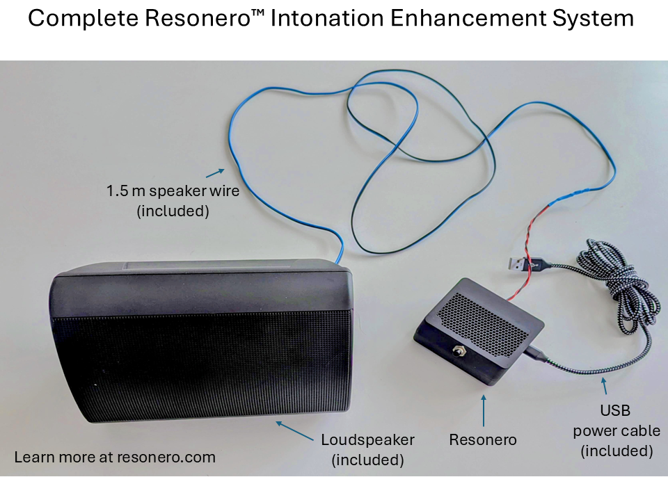 Complete Resonero Intonation Enhancement System including the voice processor with speaker, power cable, and speaker wire.